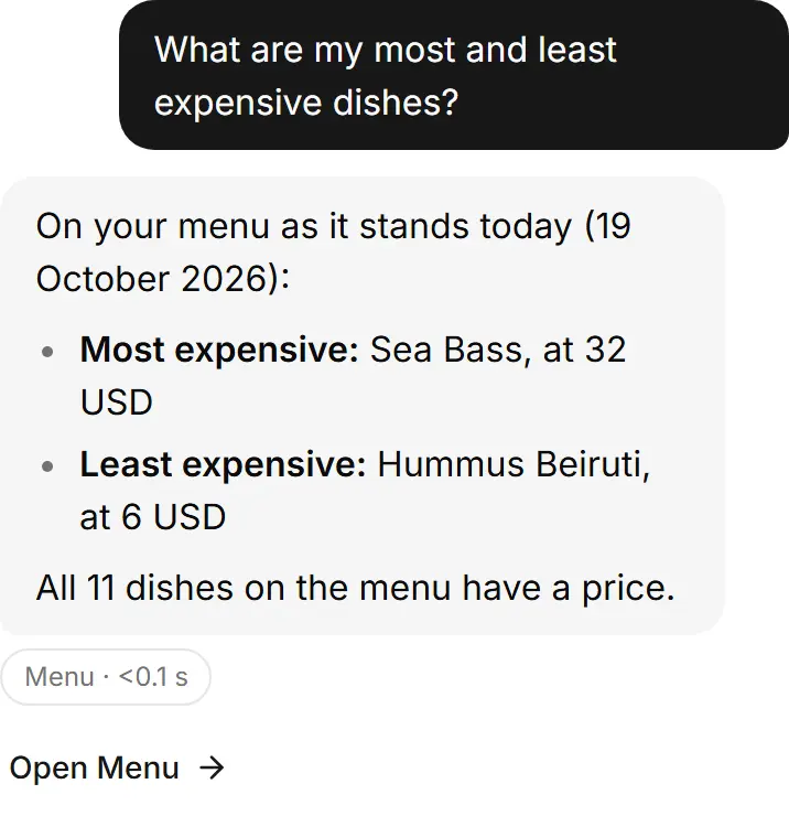 The most and least expensive dish, from your menu.