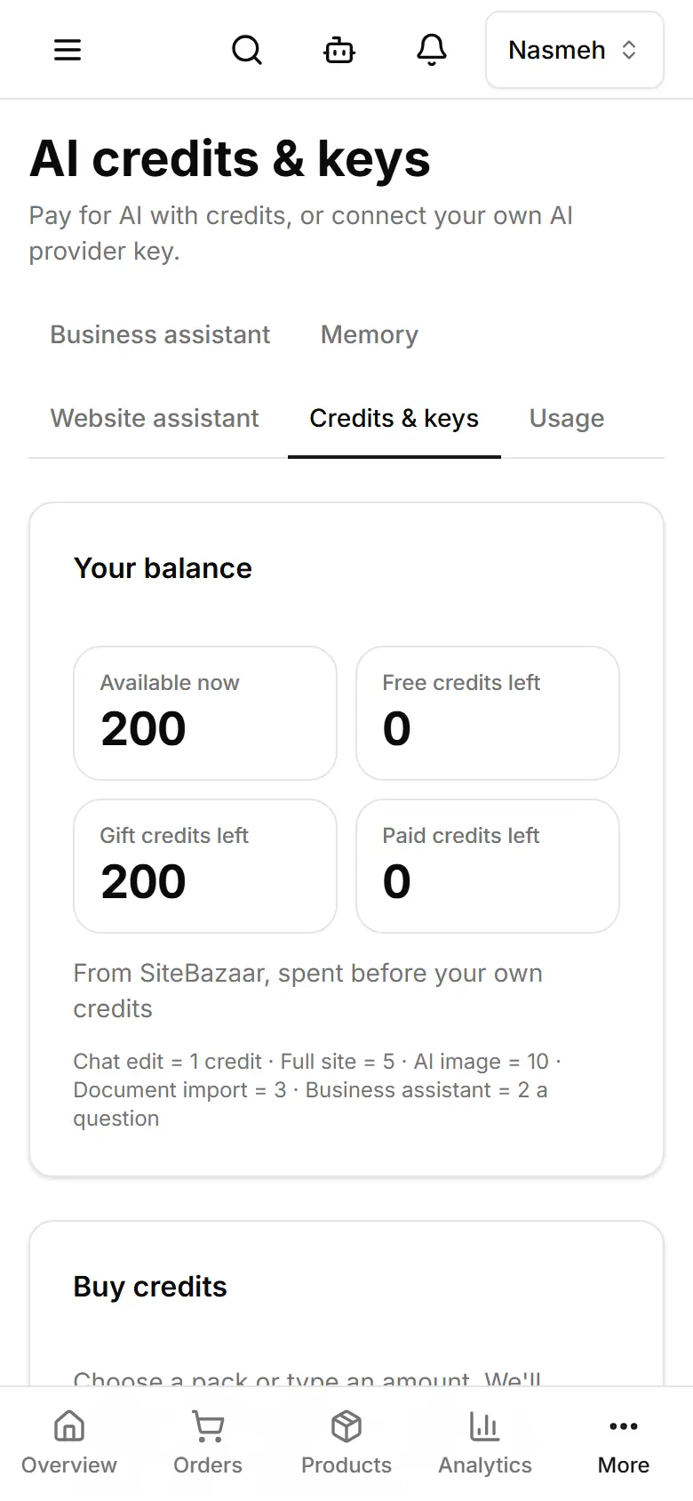 Your balance, and what each AI action costs.