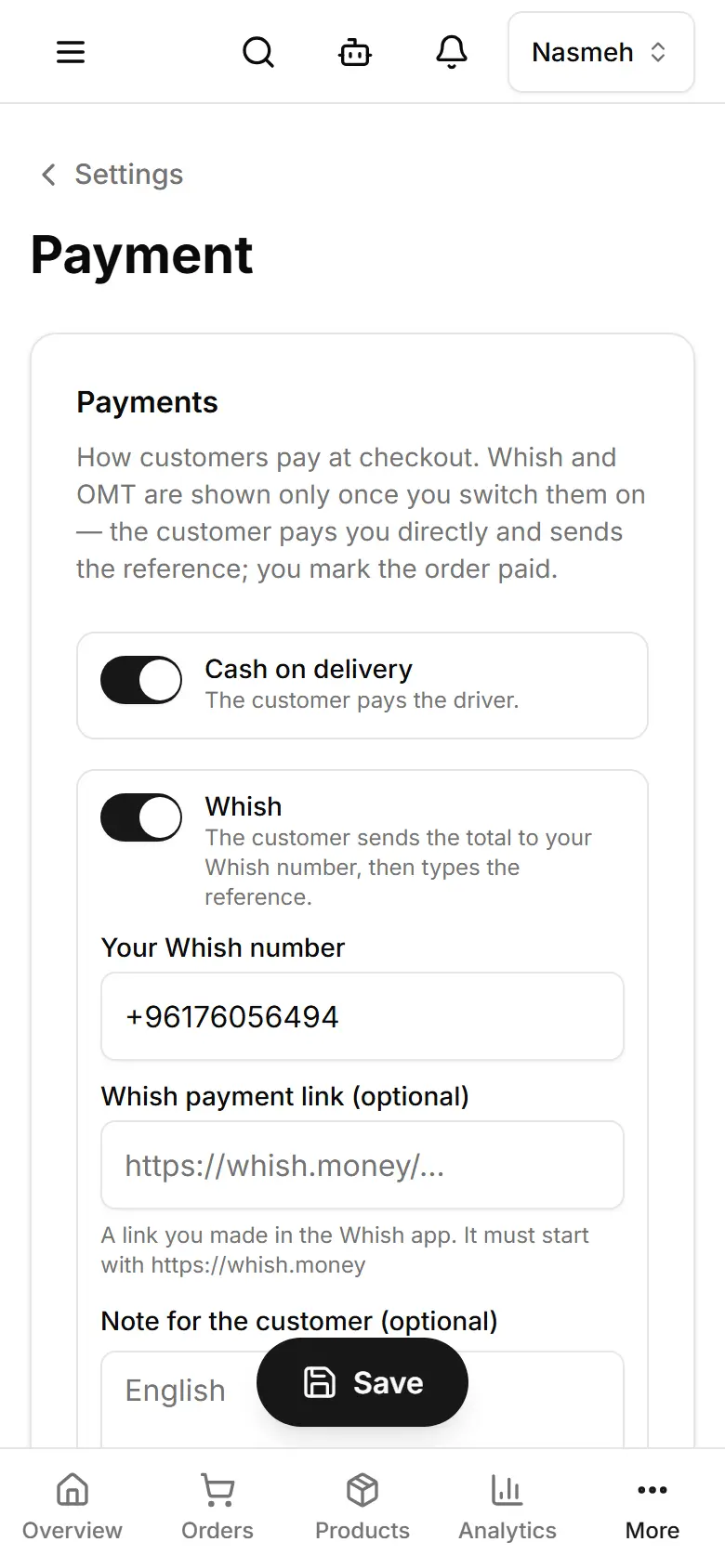 Each method appears at checkout only when it is on.