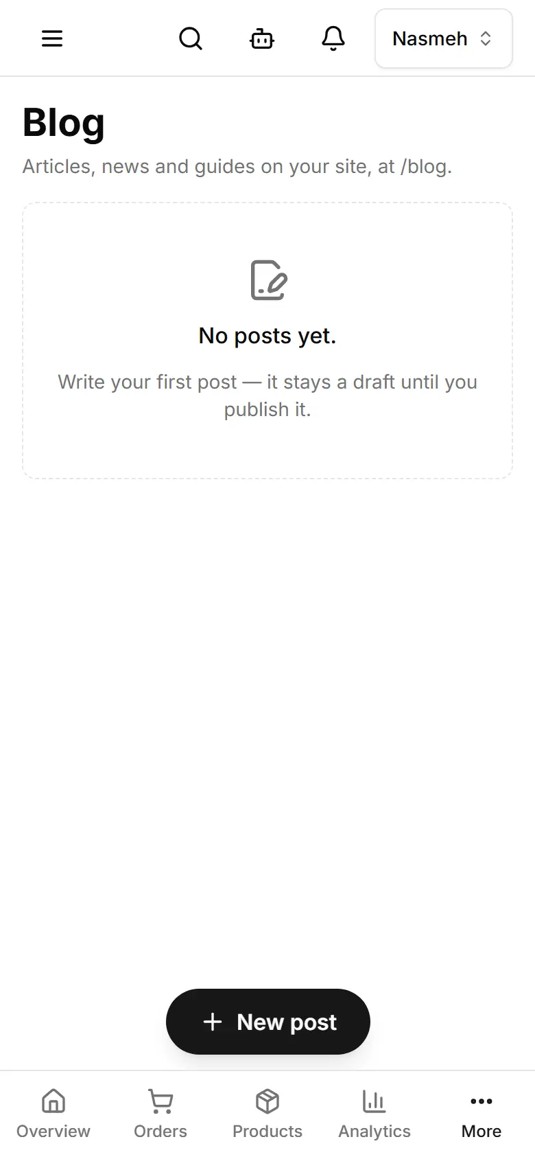 Blog, with the New post button.