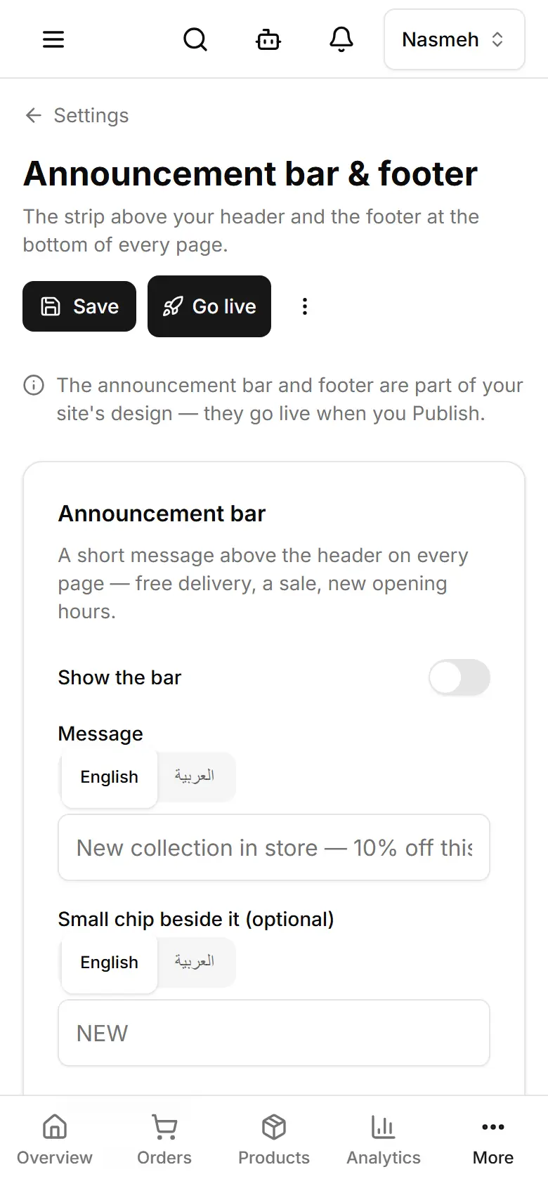 The bar's message, colour and dates.