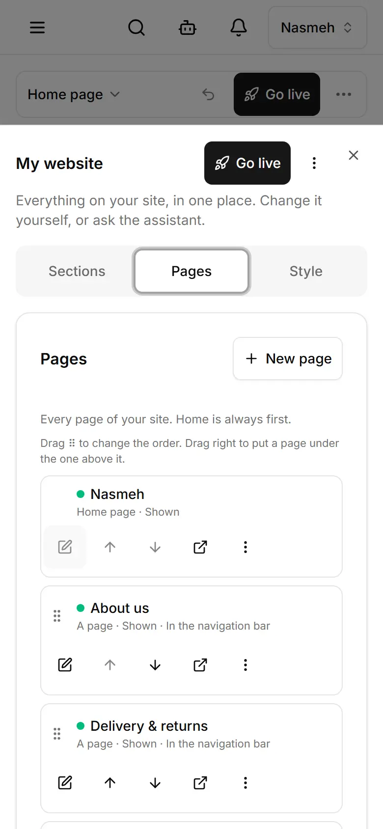 Pages: each row shows where the page appears.