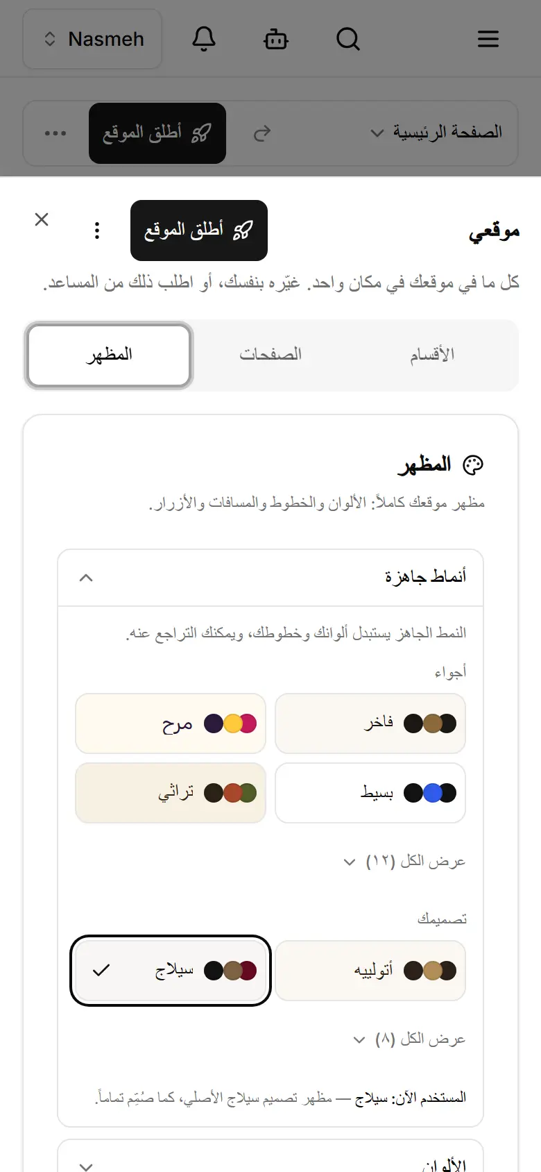 المظهر: الأنماط الجاهزة أولاً، ثم الألوان والخطوط.