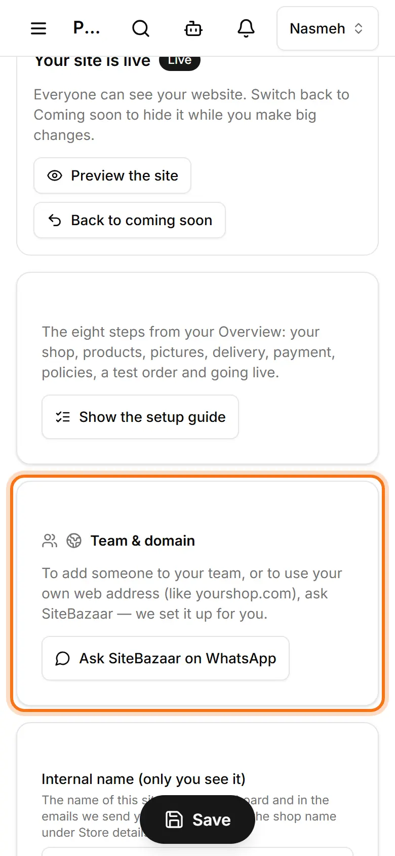 The Team & domain card.