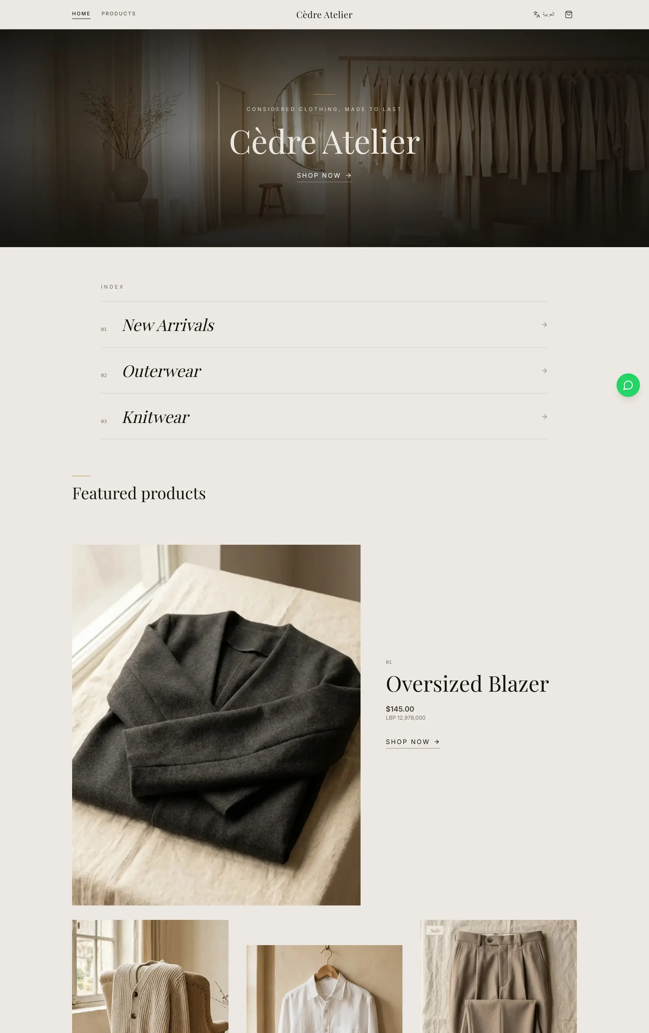 The finished Cèdre Atelier boutique website