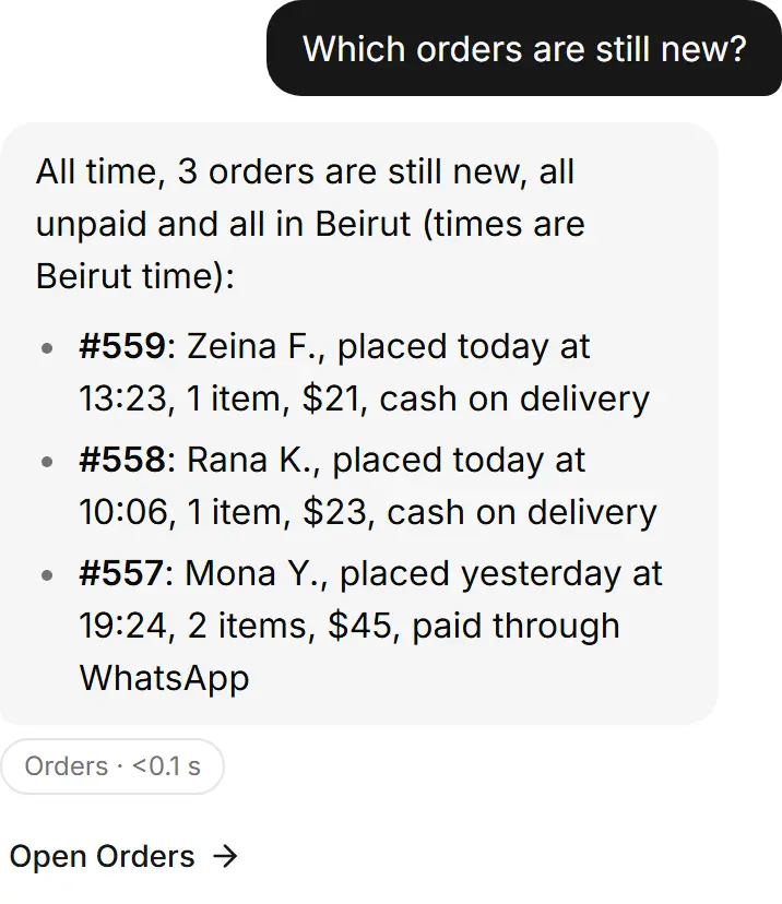 A list of new orders, newest first.