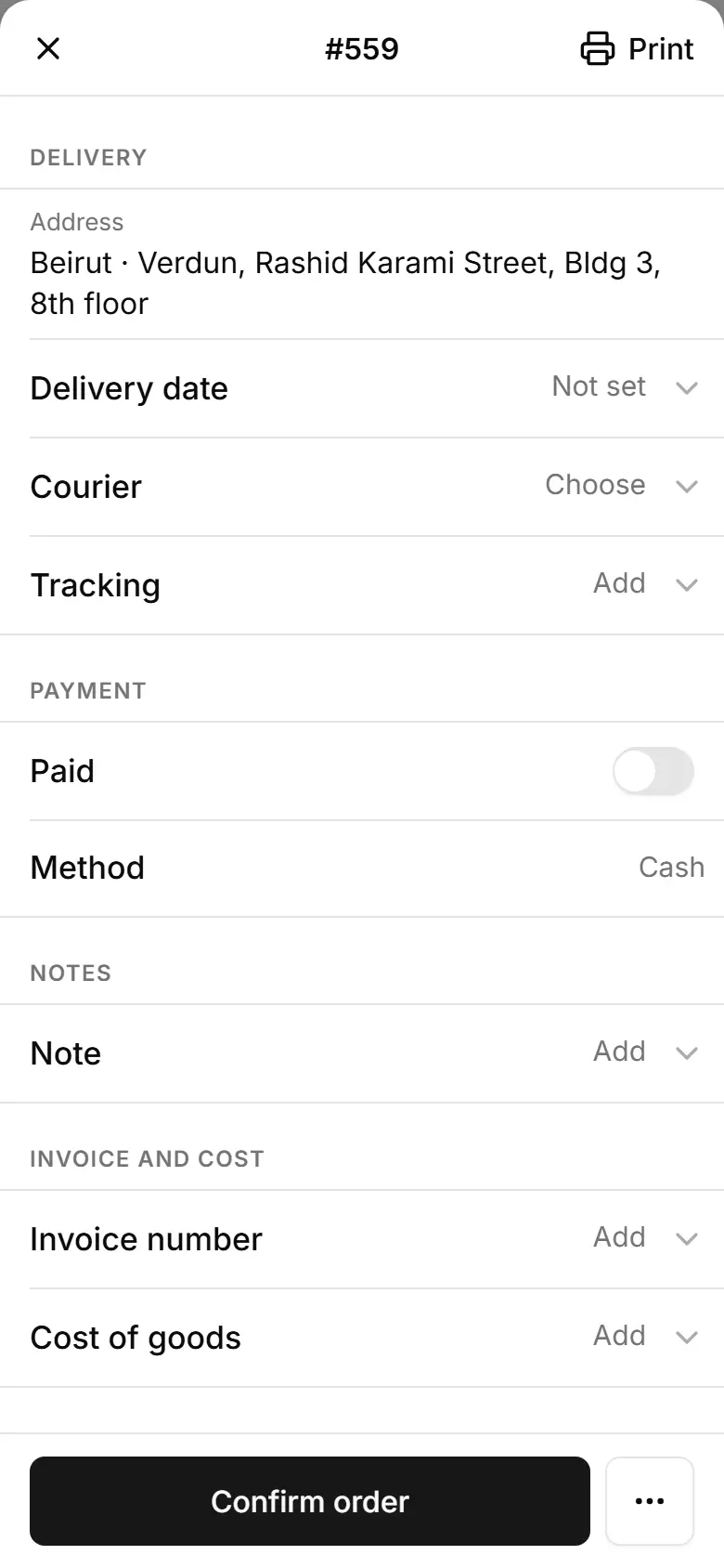 The Payment group: the Paid switch, and on a Whish or OMT order the reference with Copy.
