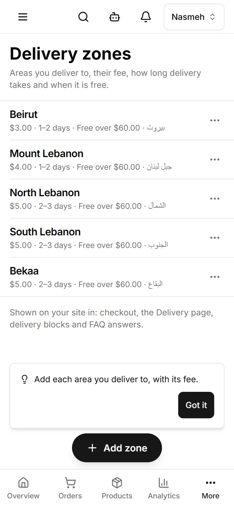 Fee, delivery time and free-delivery amount per area.