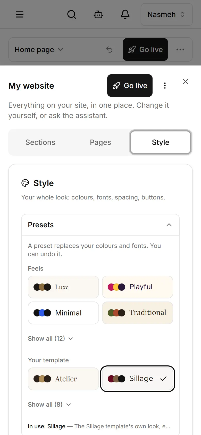 Style: presets first, then colours and fonts.
